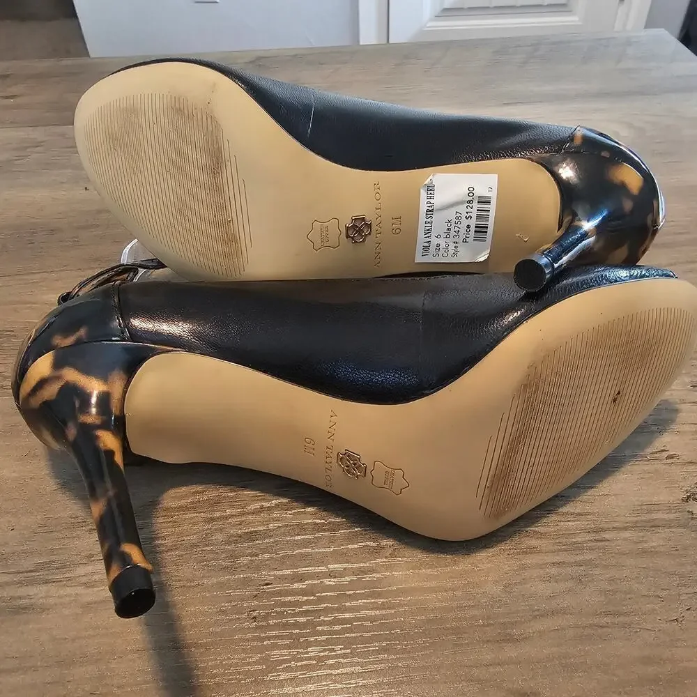 Ann Taylor Viola Heels Womens Size 6 Black Leather Tortoise Ankle Strap Glam
